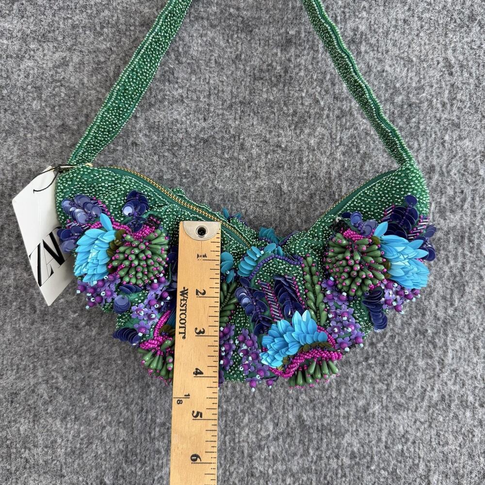 Zara Beaded Floral Shoulder Bag Green Embellished Party Cocktail Purse Artsy - Picture 10 of 12